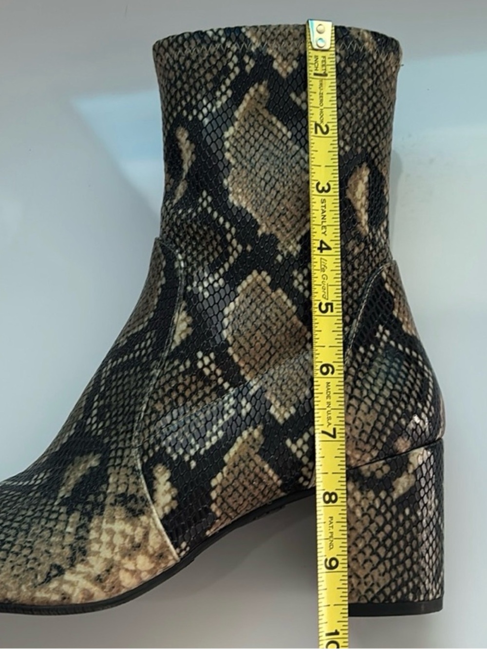 Stuart Weitzman Tan and Black Leather Snake-Print Block Heel Ankle Boots - Picture 6 of 8